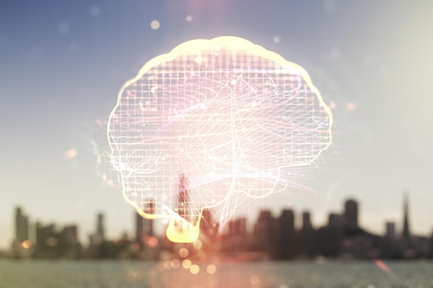 Virtueel creatief kunstmatige intelligentiehologram met menselijke hersenenschets op onscherpe wolkenkrabbersachtergrond Dubbele blootstelling