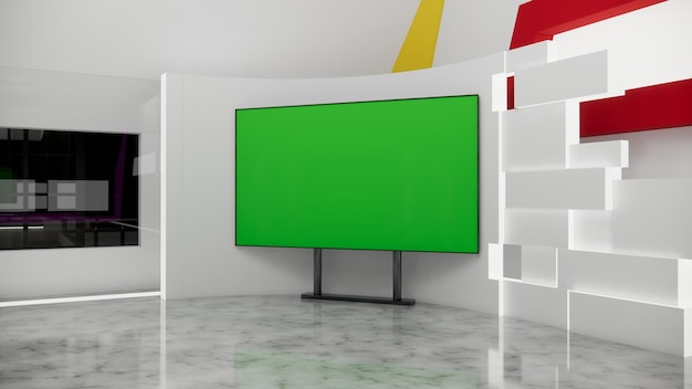 Foto virtueel studionieuws met 3d-rendering op groen scherm