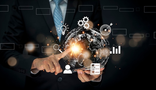 Virtueel wereldwijd internetverbinding metaverse concept, zakenman met behulp van mobiele smartphone, wereldwijde toepassingstechnologie voor internetverbinding en digitale marketing, financieel en bankieren, tech big data.