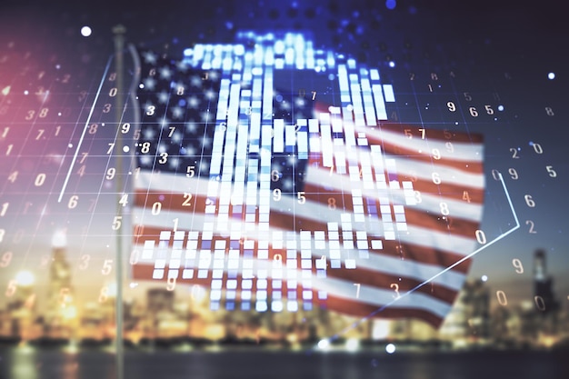 Virtuele Bitcoin-schets op Amerikaanse vlag en skylineachtergrond Dubbele belichting