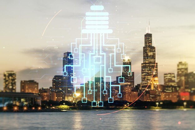 Virtuele creatieve gloeilamp illustratie met microschakeling op Chicago stadsgezicht achtergrond toekomstige technologie concept Multiexposure