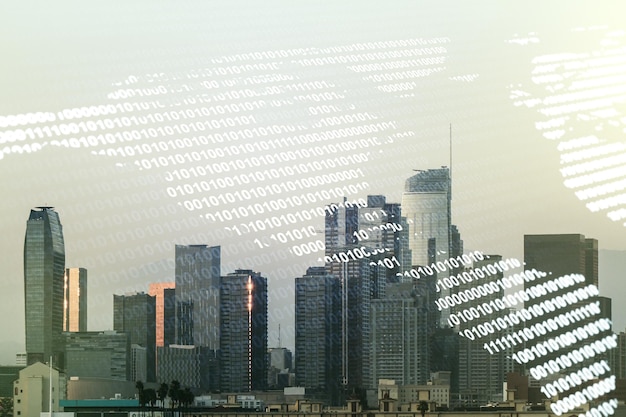Virtuele digitale kaart van Noord-Amerika op de skyline van Los Angeles als achtergrond internationaal handelsconcept Multiexposure
