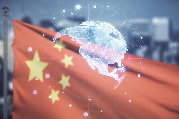 Virtuele digitale kaart van Noord-Amerika op de vlag van China en wazig wolkenkrabbers achtergrond internationaal handelsconcept Multiexposure