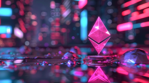 Virtuele Ethereum munt icoon met gloeiende lichteffecten voor een cryptocurrency transacties concept
