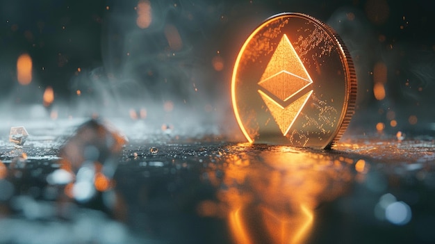 Virtuele Ethereum munt icoon met gloeiende lichteffecten voor een cryptocurrency transacties concept