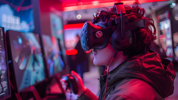 Foto virtuele gaming-opstelling getoond in hightech-retailruimte die het evoluerende ervaringsretailconcept illustreert