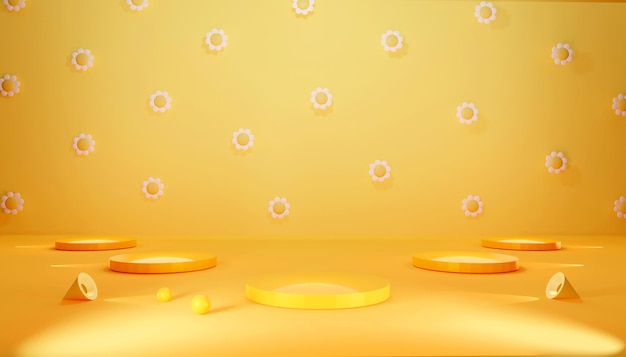 Virtuele luxe zomerachtergrond versierd met kroon en bloemen Minimale schijnwerpers lege ruimte productweergave zonnebrandcrème promotie verkoop banner presentatie cosmetische 3D render