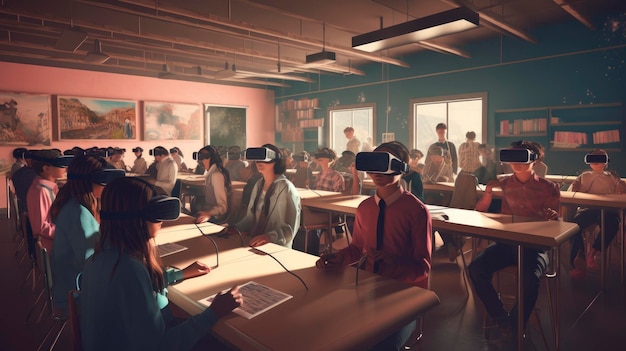 Virtuele realiteit leren geavanceerde technologie innovatief immersief onderwijs 3D klaslokalen futuristisch onderwijs gecreëerd met generatieve AI-technologie