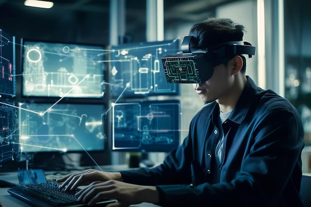 인공 지능을 통한 가상 현실 세계 Microsoft hololens로 AI 만들기 학생들은 스튜디오 랩에서 혼합 현실을 경험합니다 Generative AI 기술로 만든