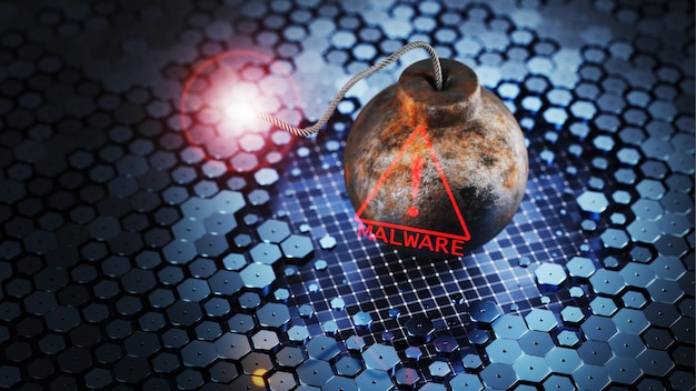 Foto attacco di virus sui sistemi informatici bomba con icona malware rendering 3d