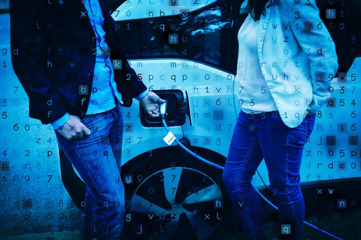Photo virus background against business colleagues charging electric car at charging station