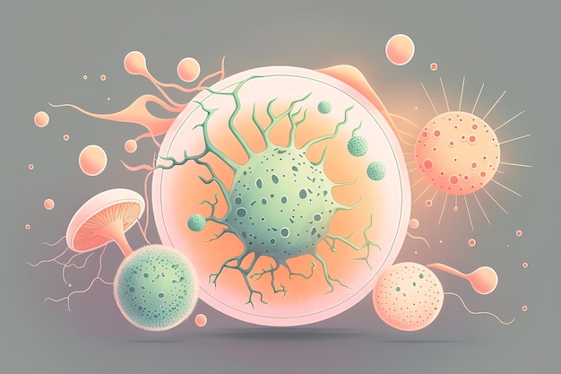 Virus cel kunst kanker cel tcell bacteriën van verschillende vormen op pastel achtergrond Concept van wetenschap geneeskunde Generatieve AI