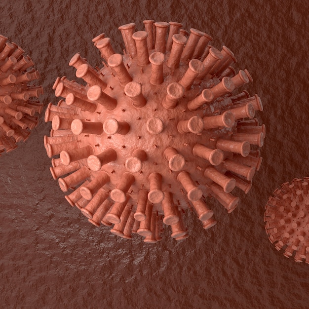 Virus cell in microscope. 3D rendering. Coronavirus