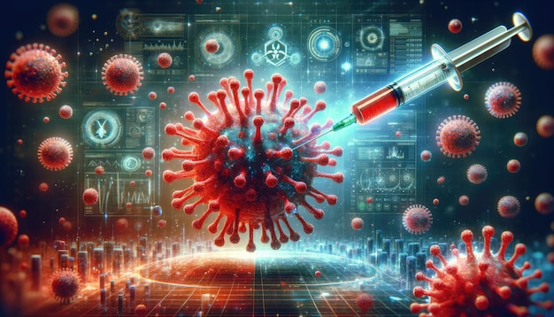 Virus Cell and Syringe in Futuristic Medical Concept