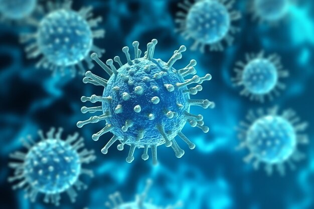 파란색 배경에 대한 바이러스 세포 또는 박테리아 여러 개의 현실적인 코로나바이러스 입자가 떠다니고 있습니다.