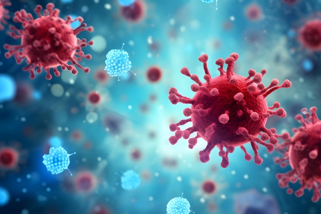 파란색과 적혈구 사이에 근접 촬영된 빨간색 입자의 바이러스