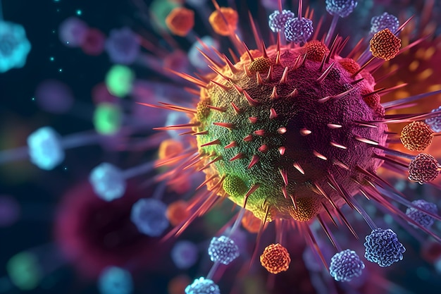 A virus is shown in a cell with many colors.