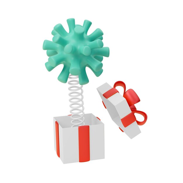 Foto il virus salta fuori da una confezione regalo aperta isolata su sfondo bianco 3d renderxa