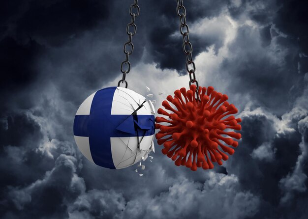 Virus microbe smashing into finland flag ball d render