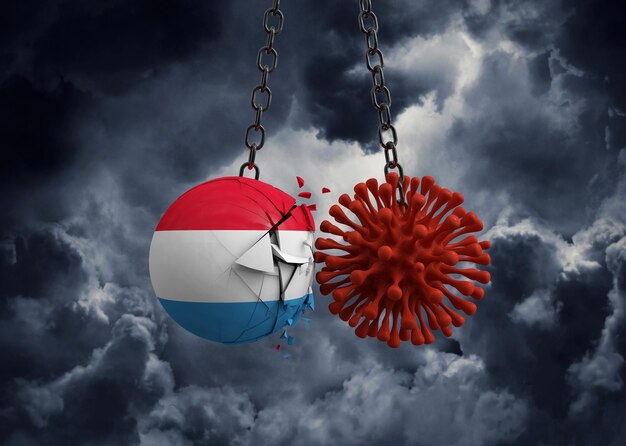Virus microbe smashing into luxembourg flag ball d render
