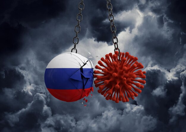 Virus microbe smashing into russia flag ball d render