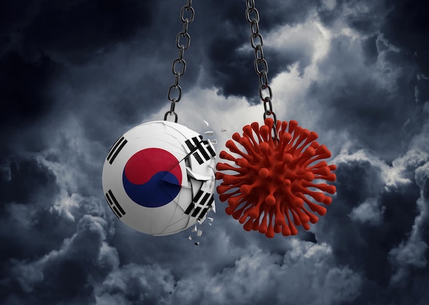 Virus microbe smashing into south korea flag ball d render