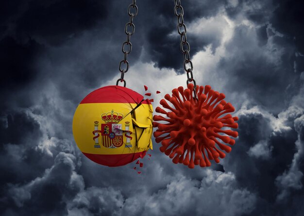 Virus microbe smashing into spain flag ball d render