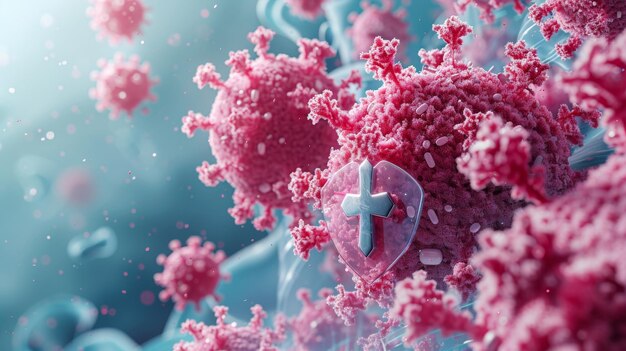 Photo virus protection banner with shield cross and bacteria piked cells flying on blue background medical poster illustrating antibacterial defence and immune system protection