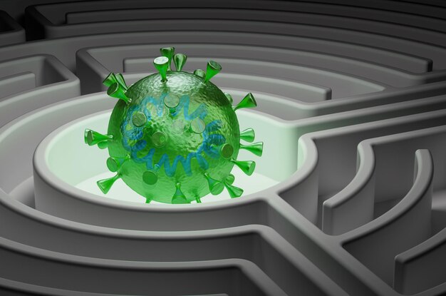 Virus Vaccine Research concept Coronavirus inside labyrinth maze 3D rendering