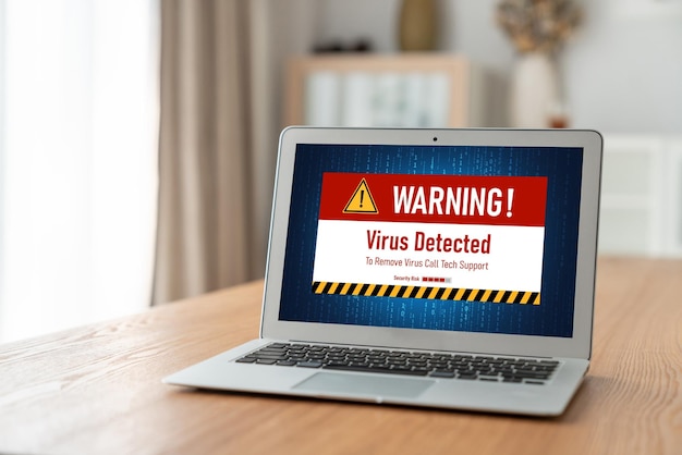 Virus waarschuwing waarschuwing op computer scherm gedetecteerd modish cyber dreiging hacker computer virus en malware