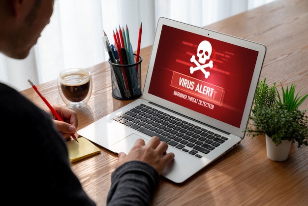 Virus waarschuwing waarschuwing op het computerscherm gedetecteerd modish cyber dreiging hacker computervirus en malware