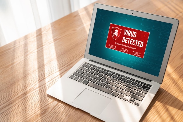 Foto virus waarschuwing waarschuwing op het computerscherm gedetecteerd modish cyber dreiging hacker computervirus en malware