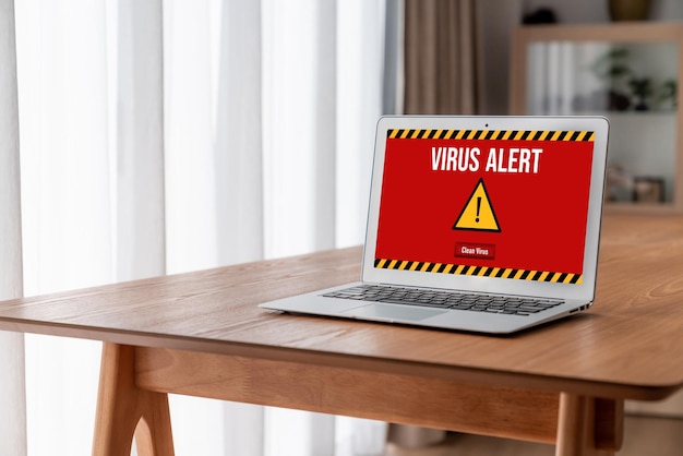 Photo virus warning alert on computer screen detected modish cyber threat hacker computer virus and malware