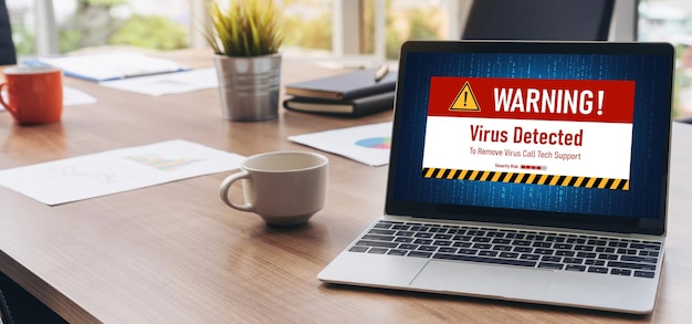 Virus warning alert on computer screen detected modish cyber threat hacker computer virus and malware