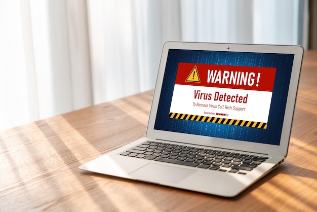 컴퓨터 화면의 바이러스 경고 경고가 최신 사이버 위협 해커 컴퓨터 바이러스 및 악성 코드를 감지했습니다.