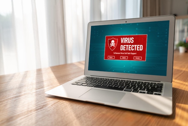 Photo virus warning alert on computer screen detected modish cyber threat hacker computer virus and malware