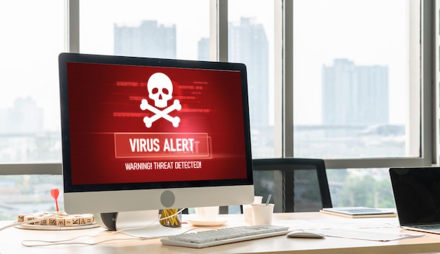 Photo virus warning alert on computer screen detected modish cyber threat