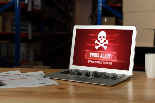 Virus warning alert on computer screen detected modish cyber threat