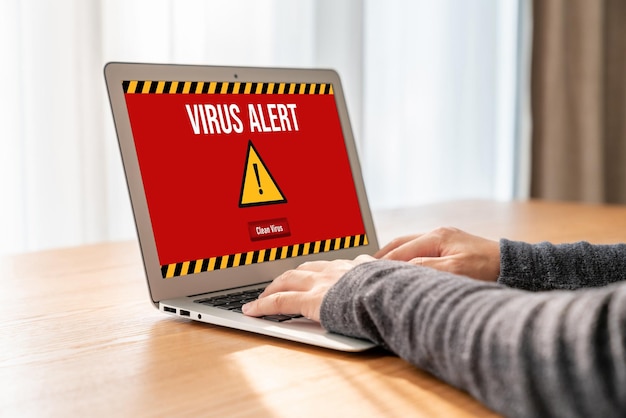 Photo virus warning alert on computer screen detected modish cyber threat