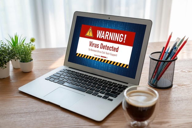 Virus warning alert on computer screen detected modish cyber threat