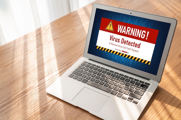 Photo virus warning alert on computer screen detected modish cyber threat