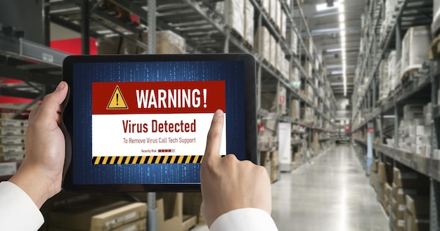 Virus warning alert on computer screen detected modish cyber threat