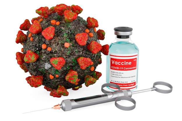 Virus with vaccine and syringe Coronavirus vaccine concept 3D rendering