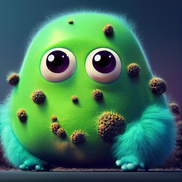 Virusagenten vallen schattige pluizige bacteriën aan, fuzzy komische micro-organismemascotte met virale di