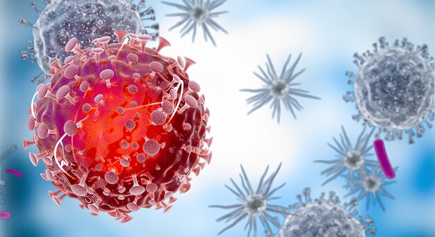 Viruscellen of bacteriemolecuul. griep, weergave van een virus onder een microscoop, infectieziekte