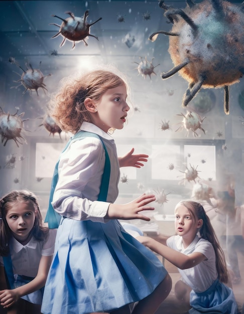 Photo viruses fly around children at school concept of insecurity spread of diseases