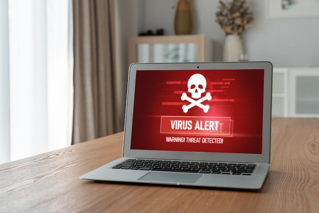Viruswaarschuwing op het computerscherm detecteerde modieuze cyberdreiging, hackercomputervirus en malware