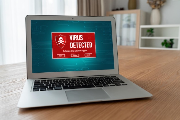 Viruswaarschuwing op het computerscherm gedetecteerd modieus cyberdreiging hacker computervirus en malware