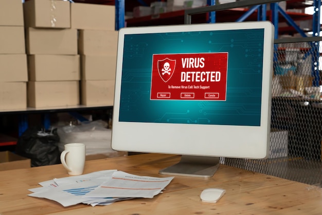 Viruswaarschuwing op het computerscherm gedetecteerd modieus cyberdreiging hacker computervirus en malware