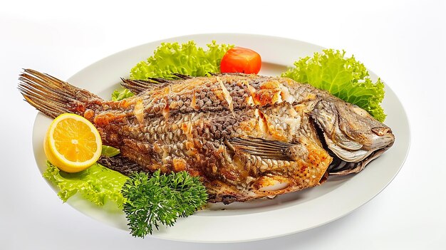 Foto vis barbecue vers geïsoleerd beeld op witte achtergrond barbecue vis op schotel decoratie met latus